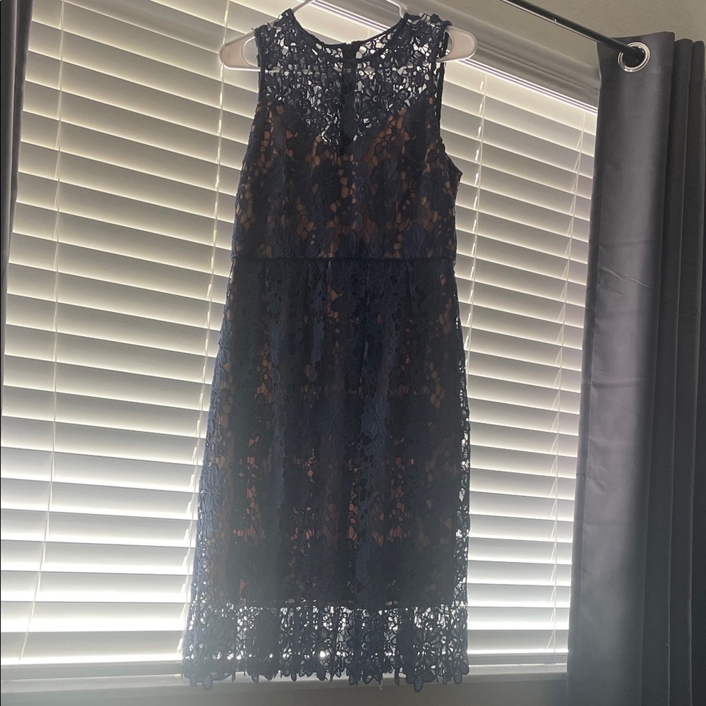Donna Morgan Navy Lace Midi Dress with Nude Lining 8